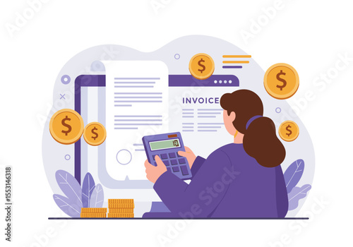 Online Business Woman Illustration with Digital Finance and Payments