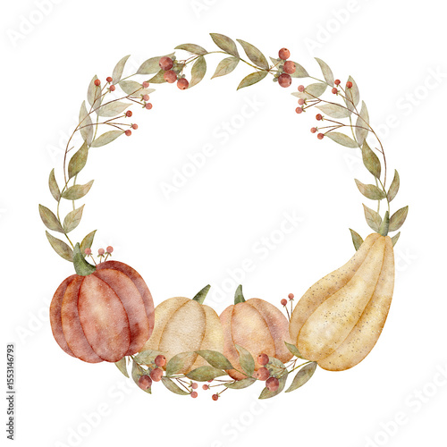 Autumn wreath watercolor illustration pumpkin leaves berries Template harvest vegetables hand drawn yellow orange color on isolated background for design packaging labels cards holidays clothes dishes