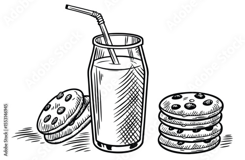 Vintage Sketch of Milk Bottle, Glass, and Cookie Stack