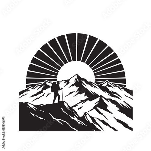 A vintage art silhouette depicting a hiker on a mountain peak with the sun rising in the background