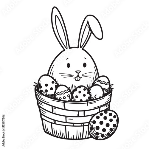 An adorable hand drawn silhouette illustration of an easter bunny with decorated eggs inside a basket for celebrations.