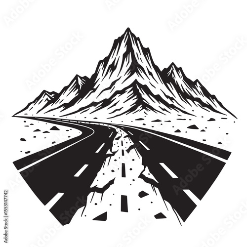 Black and white artwork depicting a winding road leading towards mountain peaks within a vintage art silhouette