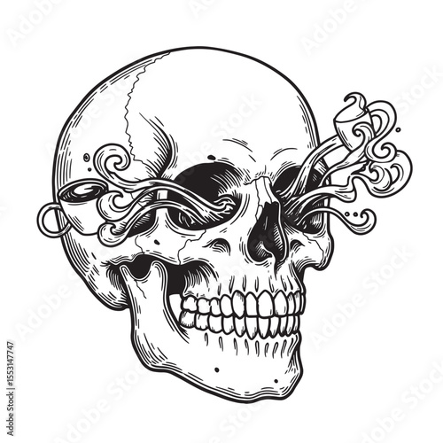 Artistic vintage art silhouette of a skull with swirling coffee cup emanating from its eyes illustrated for designs