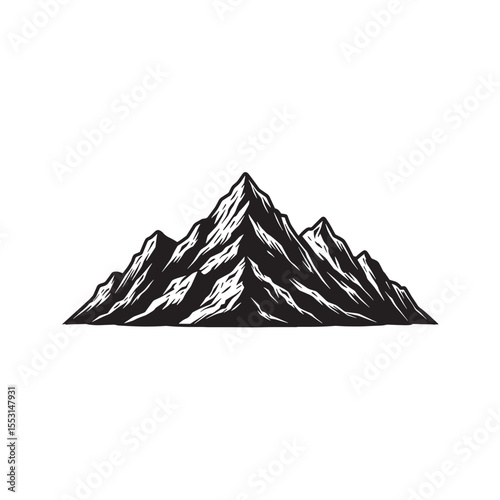 Classic illustration of a majestic mountain range in a bold and striking black and white vintage art silhouette.