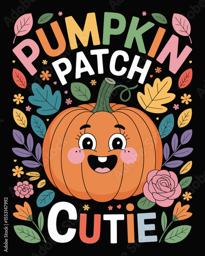 A cheerful cartoon pumpkin with a smiling face is surrounded by colorful autumn leaves and flowers