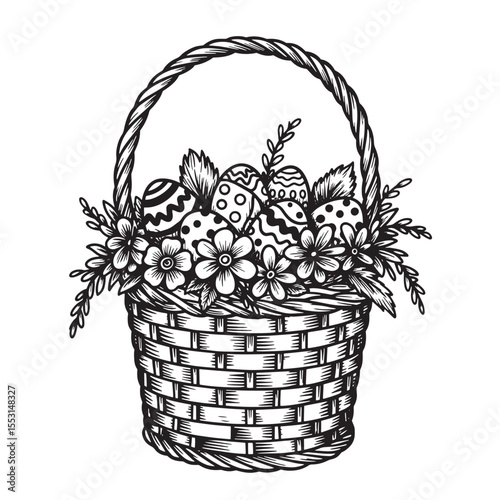 Decorative easter basket filled with decorated eggs flowers and foliage a classic vintage art silhouette