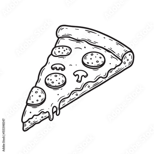 Delicious pizza slice with pepperoni and mushroom toppings illustrated in a classic vintage art silhouette style