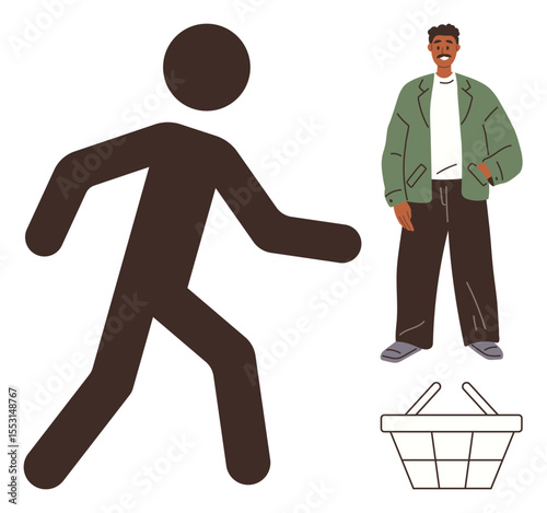 Stick figure walking toward a shopping basket with a casually dressed man standing nearby. Ideal for teamwork, retail, e-commerce, daily activity, individuality, progress, simple flat metaphor