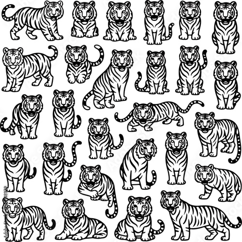 Black outline vector illustration of forty-eight tigers in various poses on a white background animal