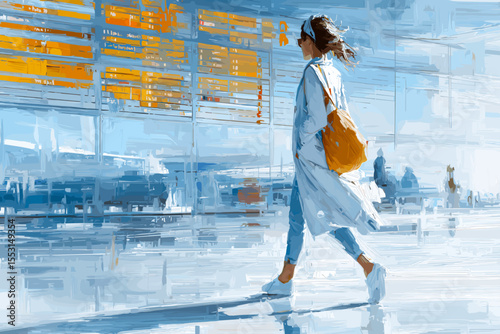 Woman walking in modern airport terminal with bright colors  