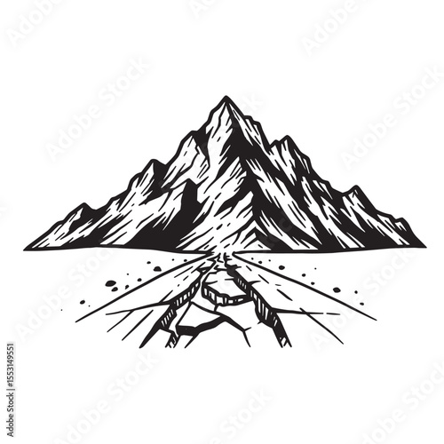 Dramatic vintage art silhouette depicting majestic mountain peaks and fractured terrain for design concepts
