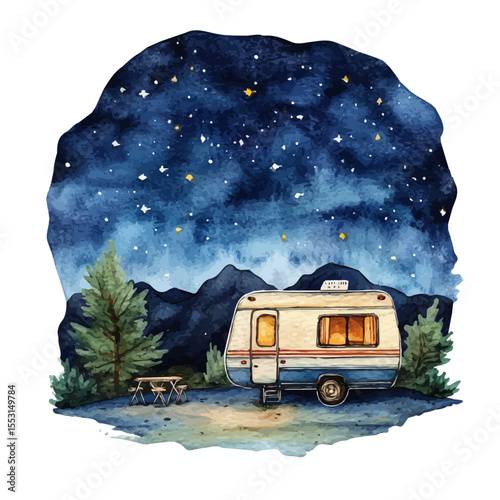 Starry Skies Desert Campground, watercolor drawing vector, isolated on a white background.