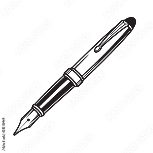Elegant black ink fountain pen vintage art silhouette isolated against white background for creative designs