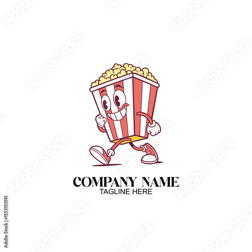Popcorn Mascot Logo: A cheerful popcorn mascot, full of personality, strides with confidence, emanating the joyous spirit of cinema and entertainment.