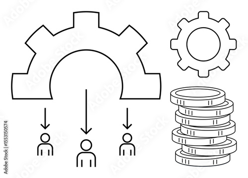 Gear connected to three people with arrows, symbolizing process and delegation. Stacked coins signify resources or funding. Ideal for teamwork, economy, business, management, productivity, strategy