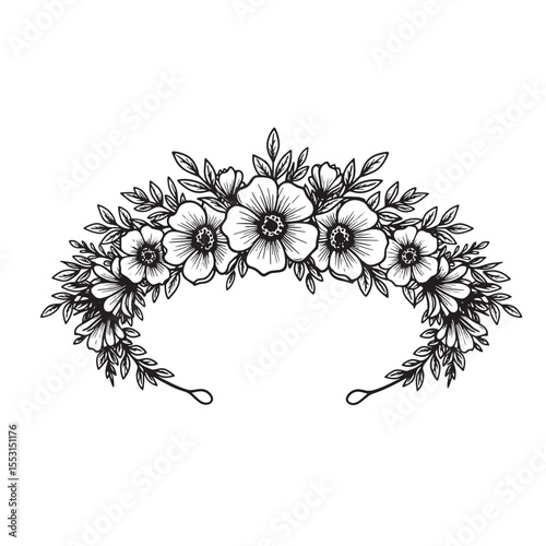 Elegant vintage art silhouette of a floral crown featuring detailed flowers and leaves perfect for designs