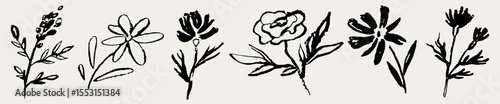 Flower abstract hand drawn charcoal, ink or chalk drawing. Sketch hand drawn silhouette floral plant, leaf grunge abstract vector illustration. Simple flower, pencil, crayon style elements.