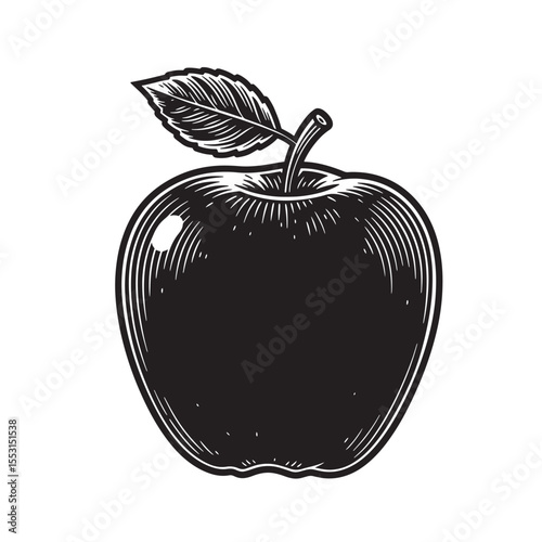 Hand drawn black and white apple fruit illustration in vintage art style featuring a silhouette