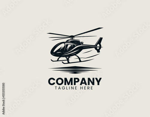Black silhouette of military helicopter in vector logo style with minimal flat design