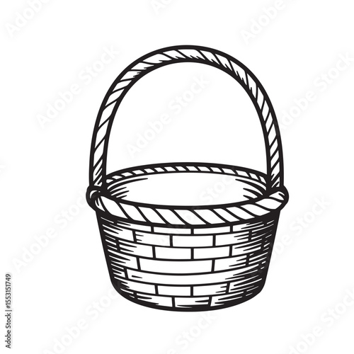Hand drawn simple illustrative artwork of a woven wicker basket silhouette vintage art for design purposes