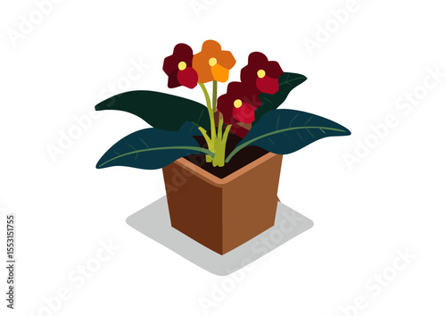 Bright flat design flower arrangement with colorful blossoms in a simple decorative pot for spring graphics.