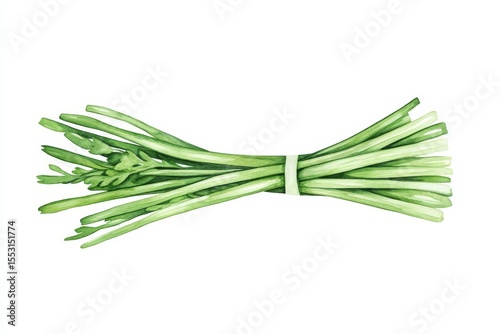 A bundle of fresh green herbs is depicted, showcasing deep colors and fine details, ideal for adding flavor to dishes and recipes