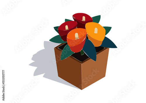 Bright flat design flower arrangement with colorful blossoms in a simple decorative pot for spring graphics.