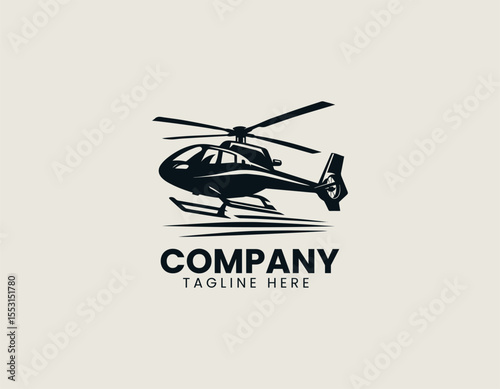 Black silhouette of military helicopter in vector logo style with minimal flat design