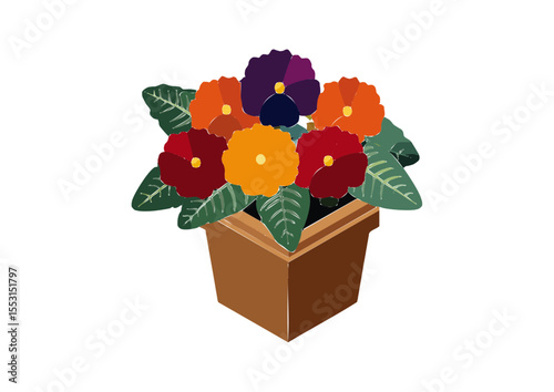 Bright flat design flower arrangement with colorful blossoms in a simple decorative pot for spring graphics.