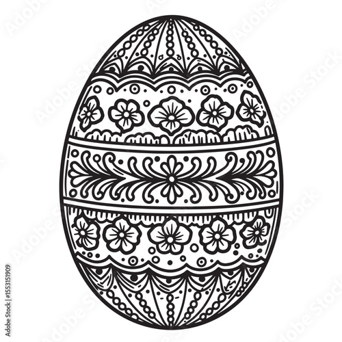 Intricate black and white vintage art silhouette of a decorative easter egg with floral and ornate details