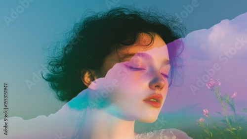 Dreamy pastel portrait with lilac and turquoise double exposure effect