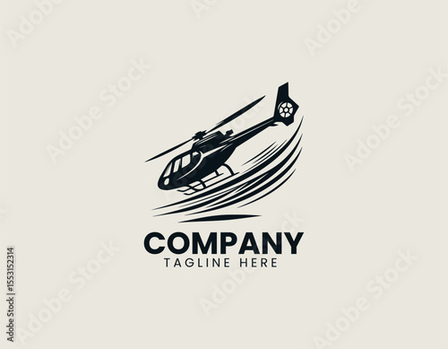 Black silhouette of flying helicopter in minimal vector logo design for defense aviation