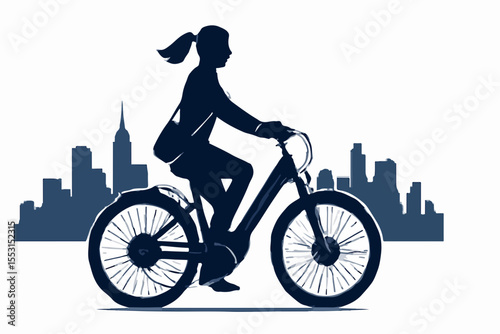  Silhouette of female cyclist riding electric bike with city skyline showing modern eco commuting