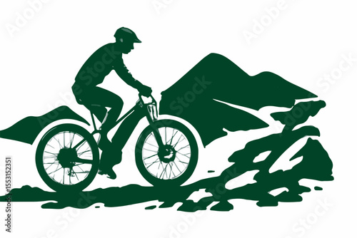 Silhouette of mountain biker on electric bike riding rugged trail with hills in outdoor adventure style