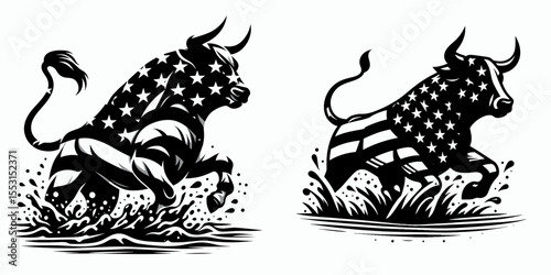 A Bulls splashing through shallow stream. Independence Day 4th of July American Flag Patriotism Usa America Clipart Line Art Vector Illustration. Oxen wading across brook bovine animal.