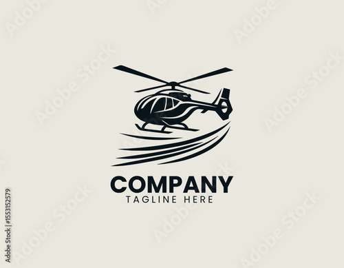 Black silhouette of flying helicopter in minimal vector logo design for defense aviation