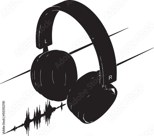 Black outline vector illustration of headphones with sound wave and diagonal lines on white background