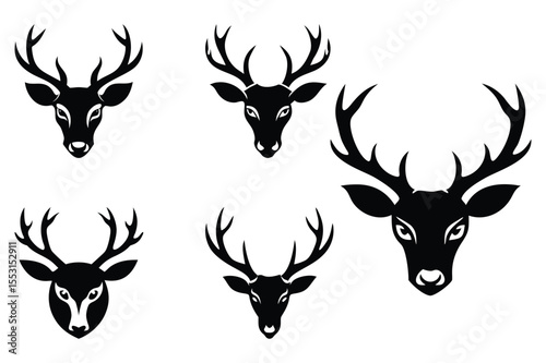 Collection of five stylized black deer heads with antlers on a white background.