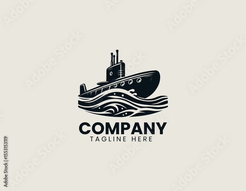 Black submarine silhouette in flat vector style logo for navy and underwater fleet identity