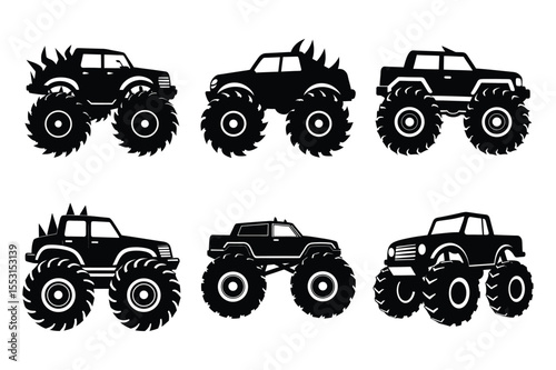 Collection of six black monster trucks with large tires and aggressive designs.
