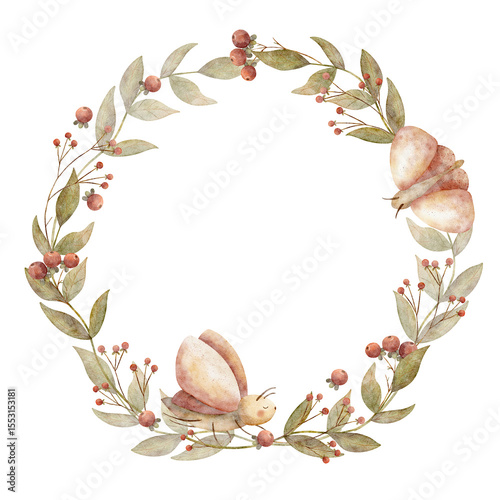 Wreath moth, butterfly watercolor illustration green branches leaves, red berries. Template round hand drawn in children's style on isolated background for design postcards, holidays, clothes, dishes