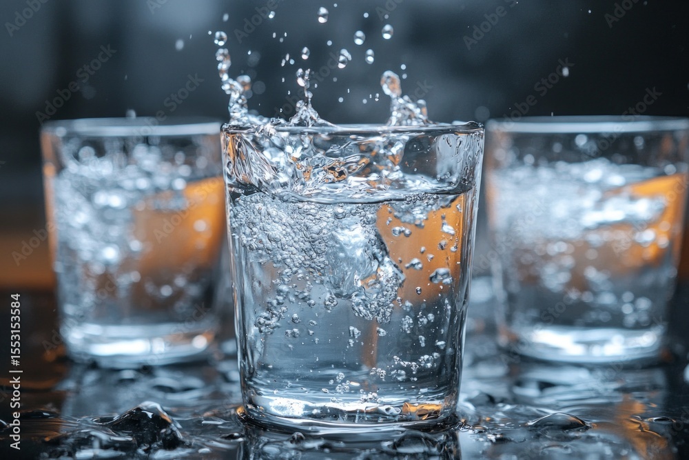 Refreshing splash created by ice cube falling into glass of sparkling water, surrounded by other glasses on wet surface Refreshing splash created by ice cube falling into glass of sparkling water, surrounded by other glasses on wet surface