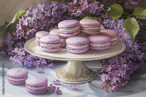 Lavender macarons are beautifully arranged on a cake stand, highlighting their delicate colors and textures amidst fresh lilac flowers