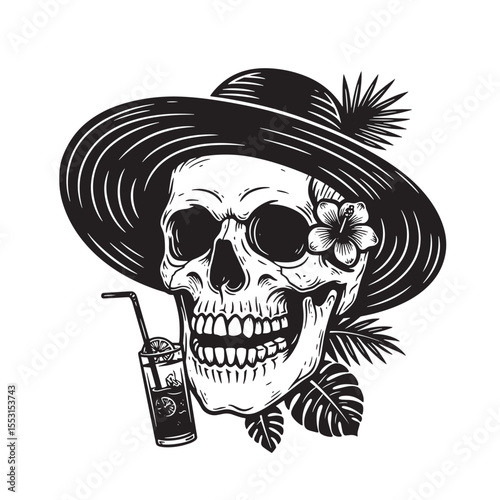 Vintage art silhouette of a skull with a hat a cocktail and tropical foliage in black and white