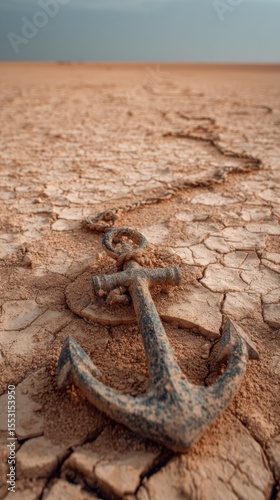 Rusty iron anchor lying on cracked dry earth in desert-like environment under overcast sky perfect for environmental crisis concepts, drought-themed posters and climate change awareness visuals