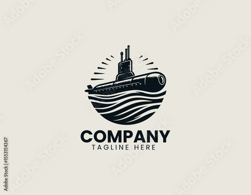 Black silhouette of military submarine in vector logo design using minimal flat style
