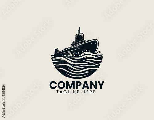 Black silhouette of military submarine in vector logo design using minimal flat style