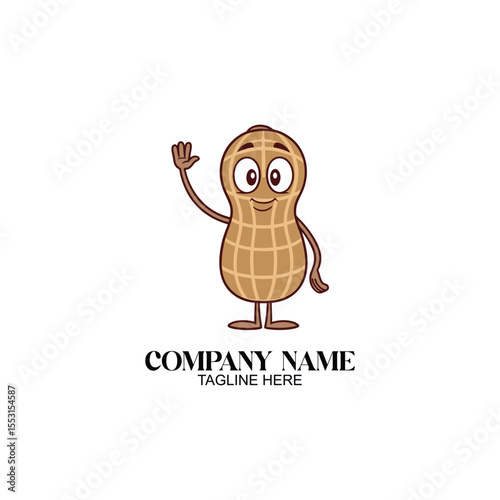 Smiling Peanut Mascot: A charming, cartoon peanut character waves hello, embodying friendly and inviting imagery, perfect for branding and promotional materials.