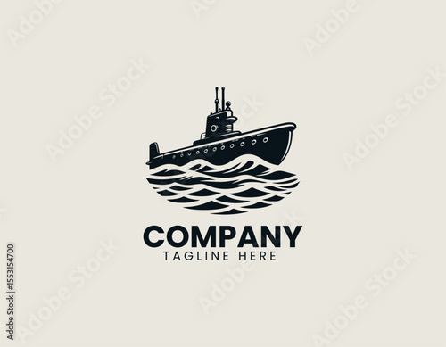 Black silhouette of military submarine in vector logo design using minimal flat style