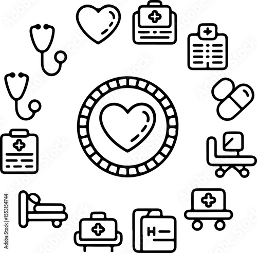 Black outline vector illustration of medical icons including stethoscope heart pills first aid kit and hospital bed